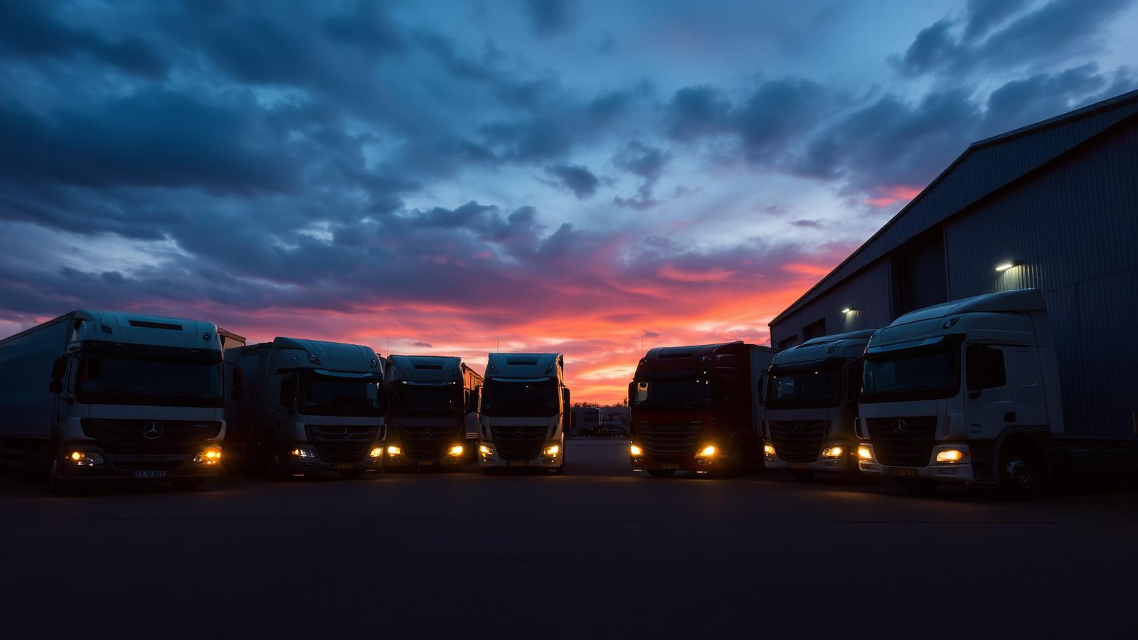 Lkw-Flotte vor der Werkstatt