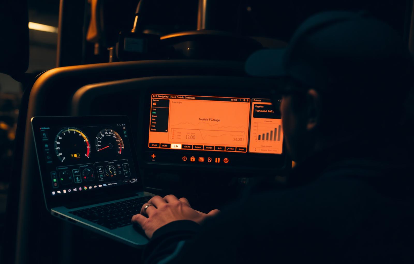 Mechaniker mit Laptop wertet Tacho-Daten aus